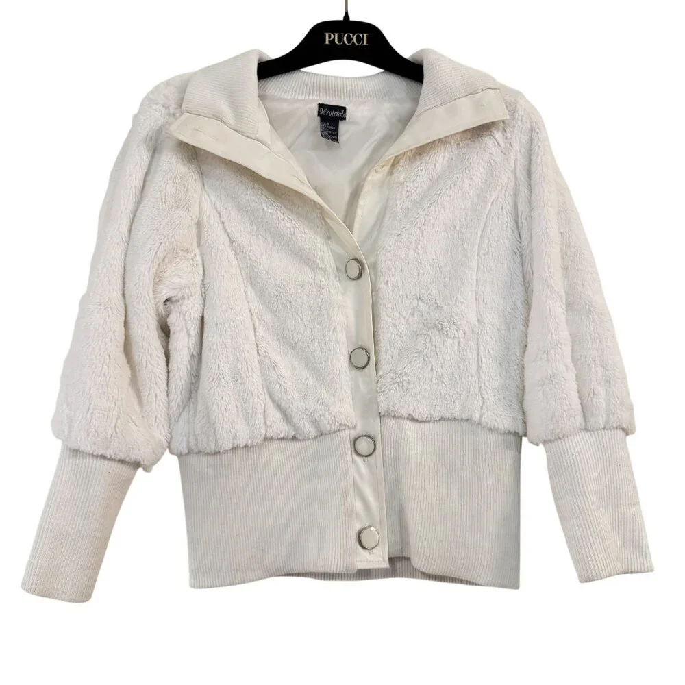 Y2K Dérotchild Faux Fur Bomber Jacket Ivory White Puff Sleeve Ribbed Hem Small - Picture 1 of 9